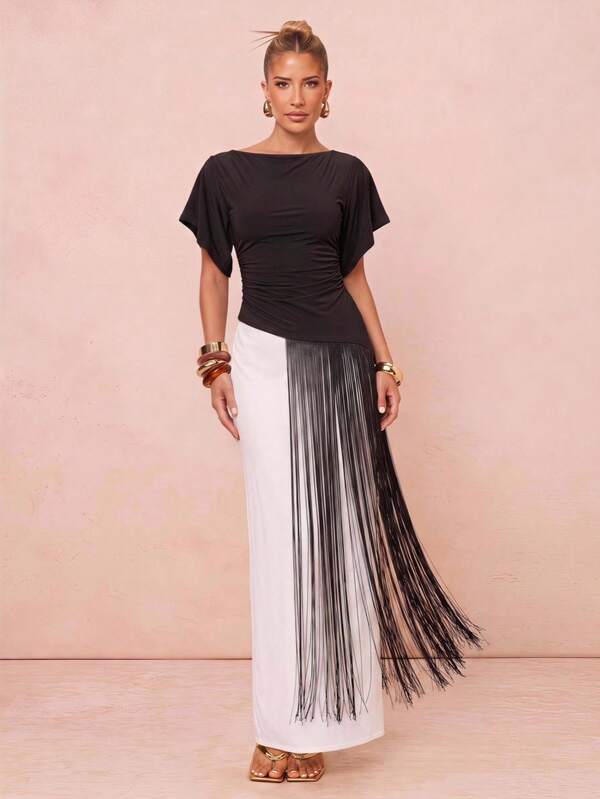 Lumalex Women's Black Summer Elegant Evening Wear Solid Color Asymmetrical Waist Tassel Design Versatile T-Shirt, Suitable For Dates, Parties, Birthdays, Dinners, Summer Luxury Party Top, Wedding Guest, Graduation Ceremony And Vacation Wear