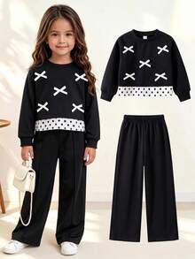 SHEIN Young Girl Korean Style Energetic Loose Black Sweatshirt 2 In 1 Bowknot Pattern 2-Piece Set - Black - View 1