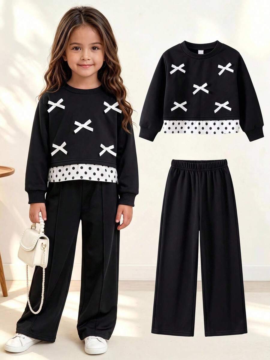 SHEIN Young Girl Korean Style Energetic Loose Black Sweatshirt 2 In 1 Bowknot Pattern 2-Piece Set - Black - View 1