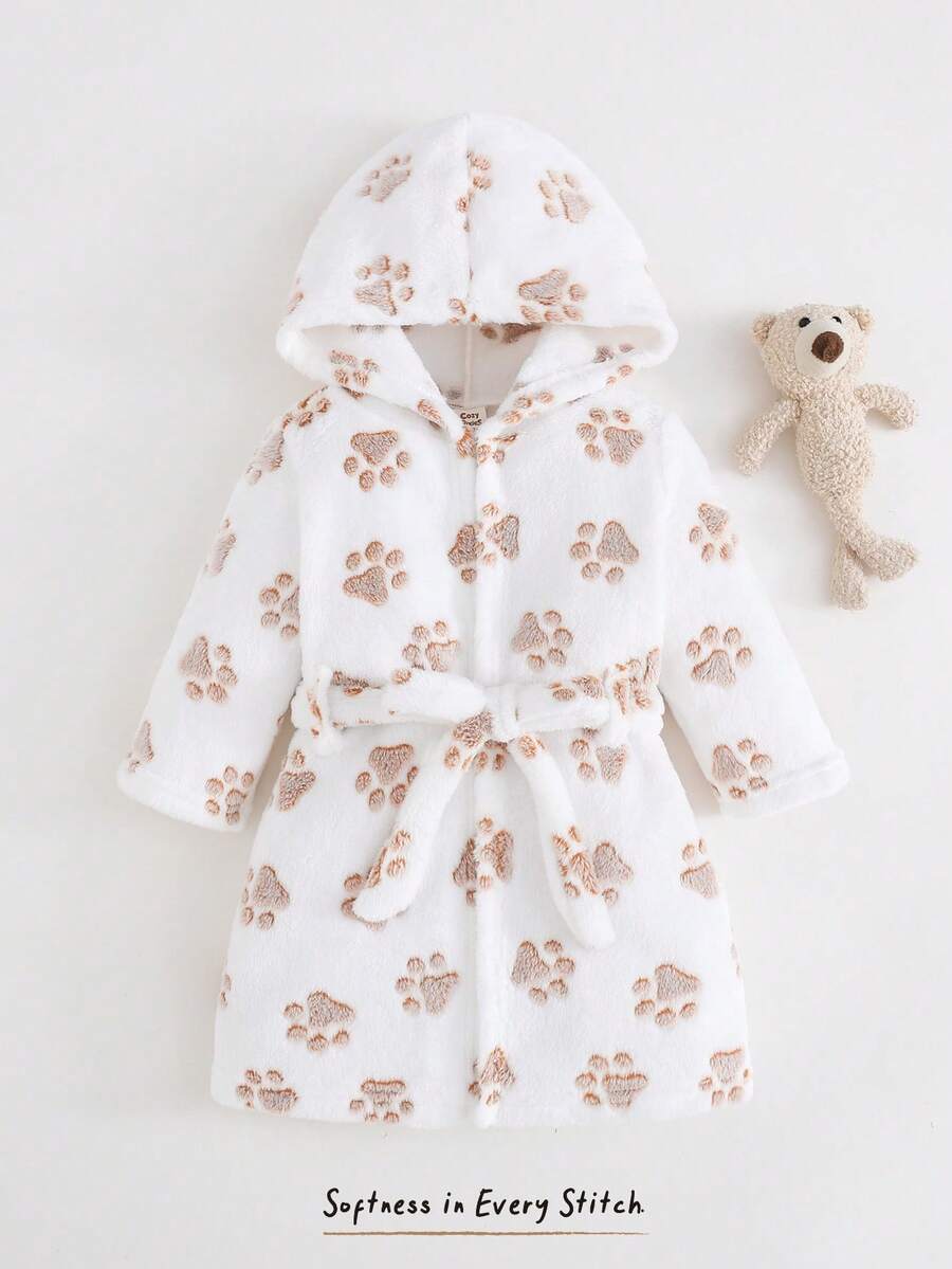 Cozy Pixies 女嬰卡通圖案保暖內裡加厚連帽長袖前綁帶睡袍,保暖內裡加厚,適合冬季,睡袍 - 杏色 - 查看 1