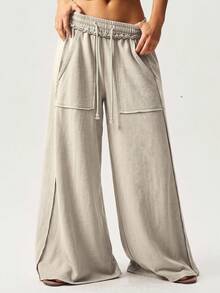 Bohemela Casual Girlisim Knitted Snow-Washed Solid Color Patchwork Loose Wide-Leg Washed Women's Pants Golf Pastal - Khaki - View 3