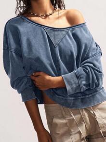 Bohemela Women's Casual Solid Color Knit Crew Neck Loose Washed Sweatshirt Off The Shoulder Sweatshirt Off Th - Blue - View 7