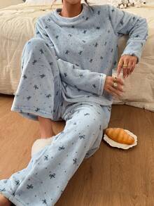 Napfluff Double-Sided Flannel Casual Polka Dot Bow Loose Fit Women's Pajama Set - Blue - View 4