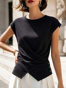 SHEIN All-Season Black Slim Fit Flattering Knit Women's Top, Elegant Commute Business Women's T-Shirt, Office Women's Top - Black - View 4
