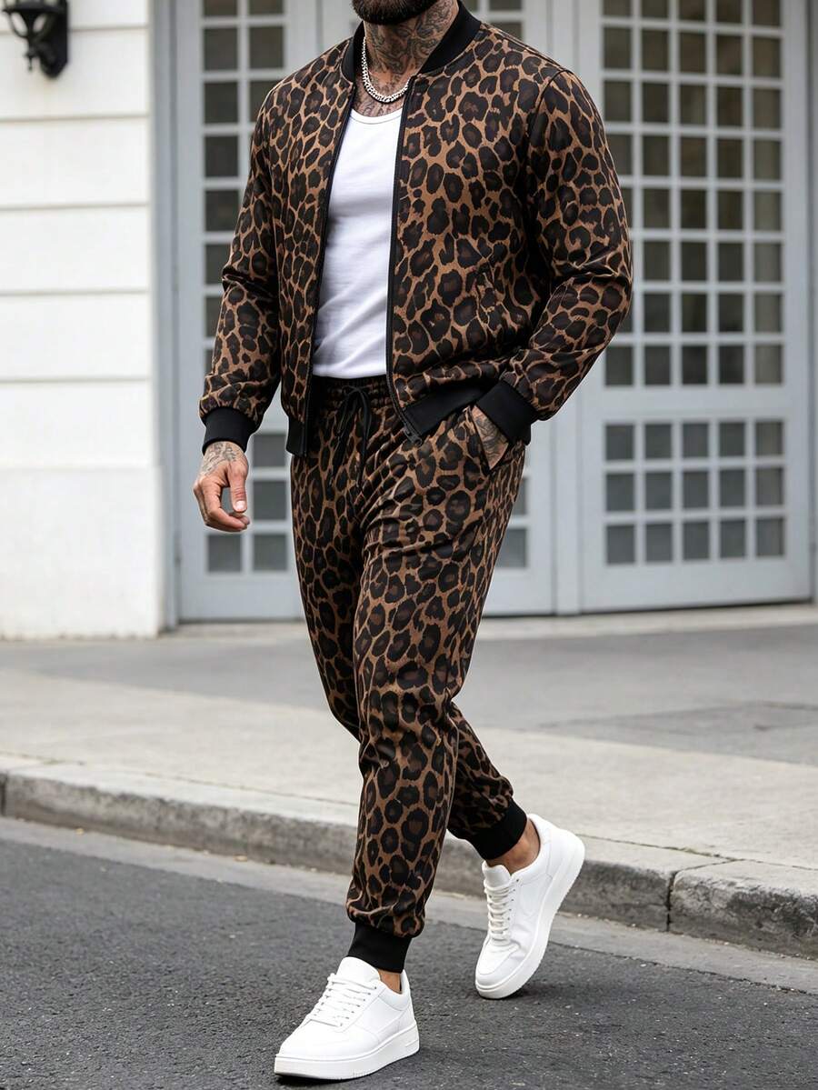 Manfinity Homme Men's Leopard Print Jacket And Pants Set - Multicolor - View 1