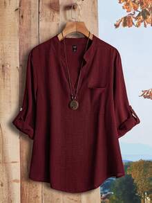 Rusticease Plus Size Women Solid Color Deep V-Neck Roll Sleeve Casual Shirt Fall - Burgundy - View 8