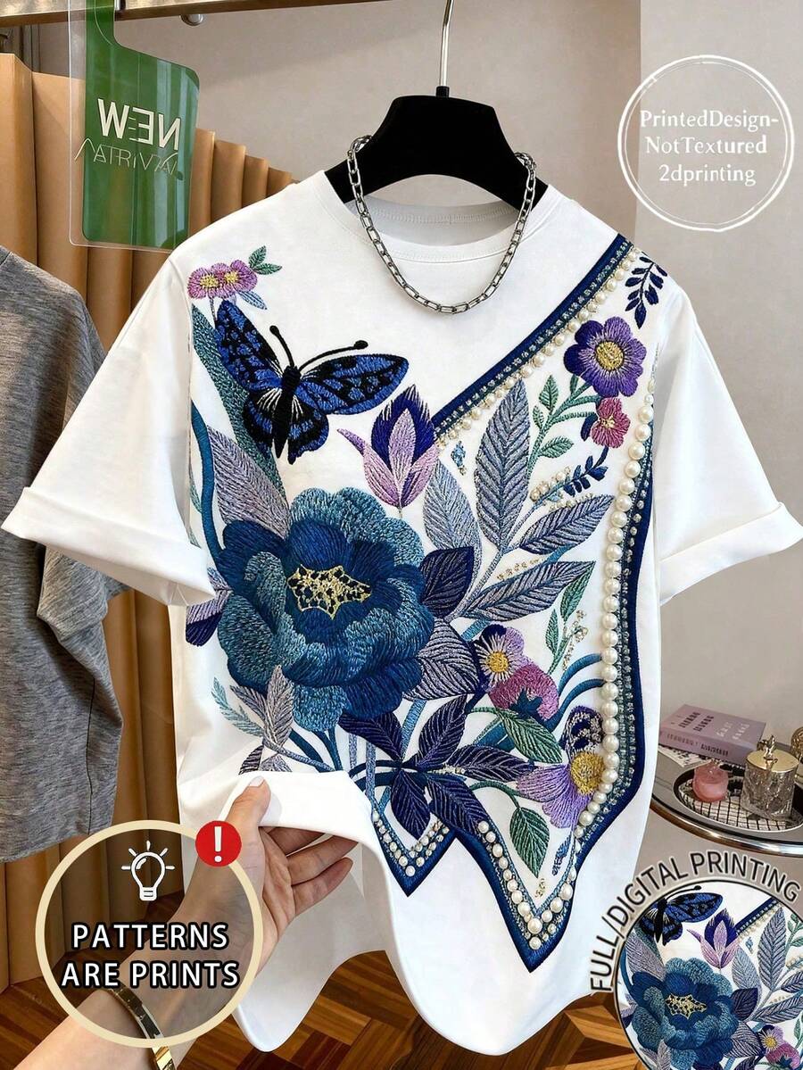 少女数码蝴蝶花卉印花短袖上衣,休闲舒适,春夏时尚百搭,适合户外、运动、野餐、街头摄影、居家、校园、假日等场合,也是馈赠佳品。复古美式风格,花卉图案,适合度假等户外活动。 - 彩色 - 查看 1