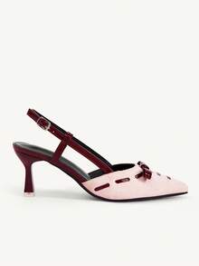 CUCCOO CHICEST New Pink Brown Color Matching Bow Pointed Slingback Sandals Women's High Heel Commuting Versatile Low Vamp Elegant Shoes - Pink - View 3