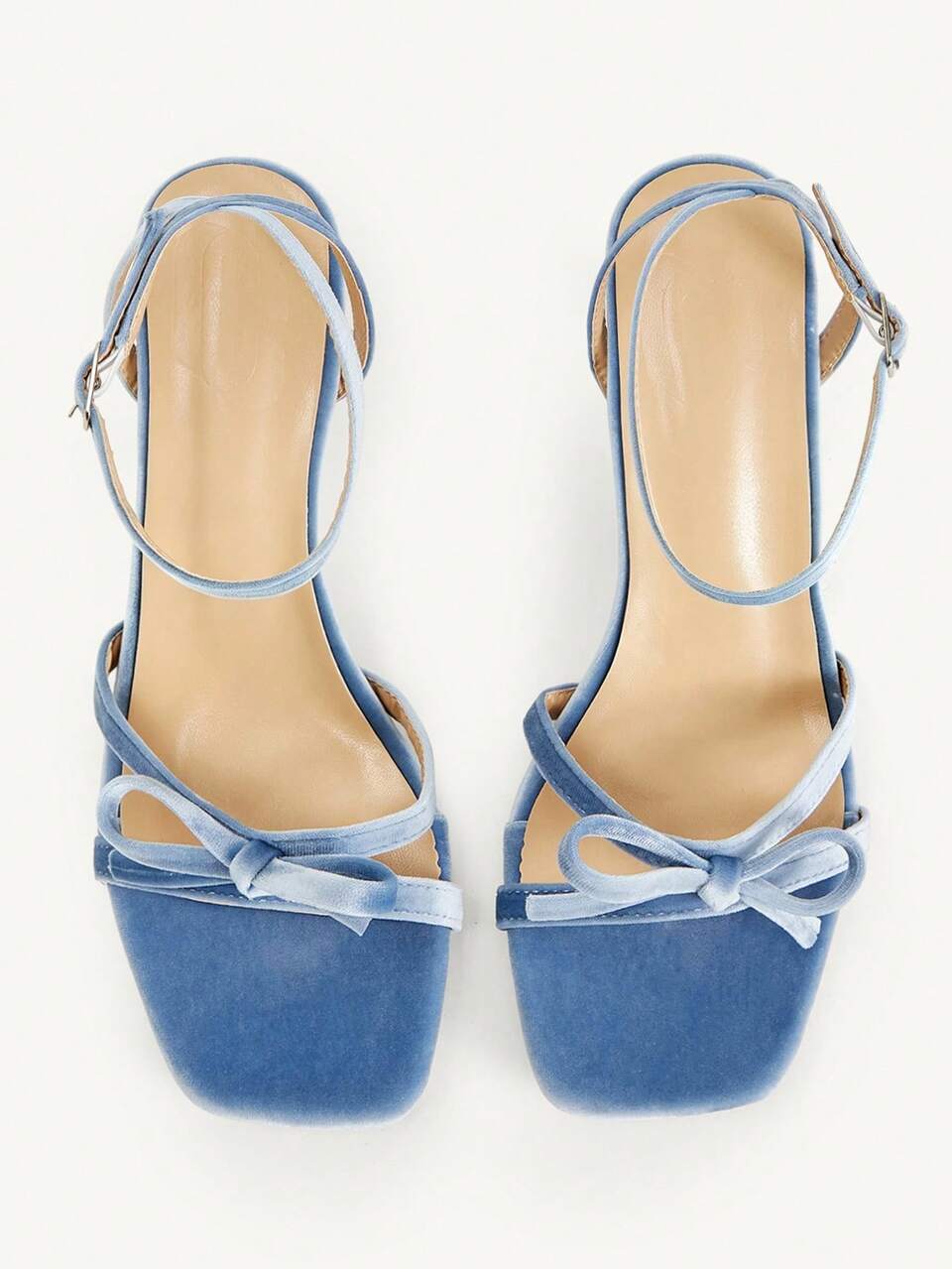 CUCCOO CHICEST Women's Shoes Summer New Bow Open Toe Cross Strap Square Toe Stiletto Fashion Commuter Blue Suede High Heels Sandals Dating Afternoon Tea