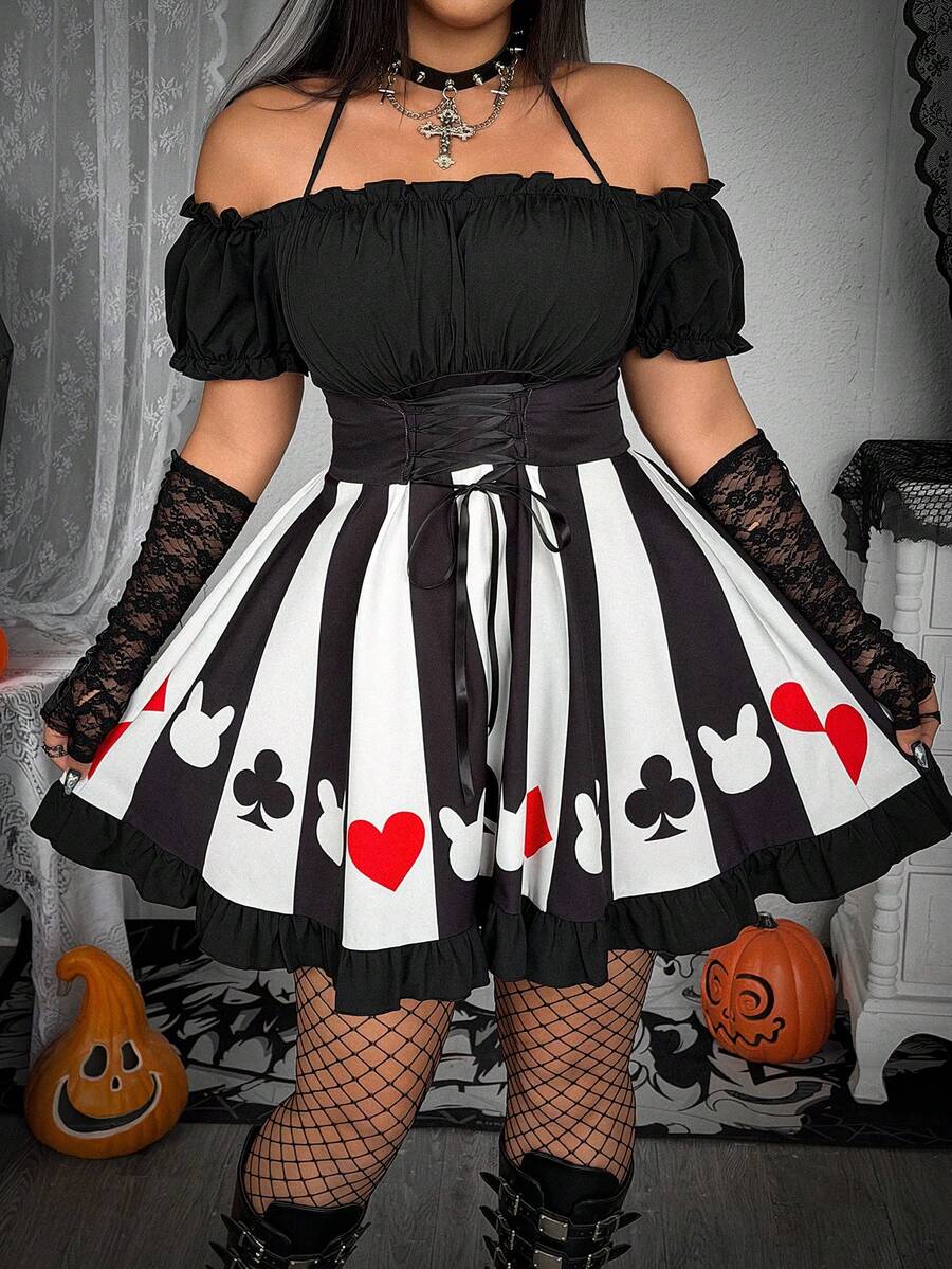 Whyspr Halloween Grunge Punk Plus Size Women's Lace-Up Design Colorblock Sexy Date Dress - Black and White - View 1