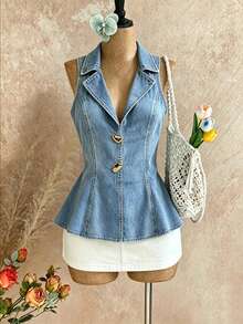 SHEIN Franclia Women's Denim Effect Print Metal Decor Backless Halter Tank Top - Blue - View 4