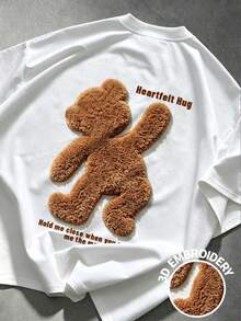 STEELVANCE Camiseta blanca de verano con bordado 3D de oso, letra "Abrazo sincero", manga corta, diseño lindo, para uso diario, vacaciones, regalos, adecuada para hombres y mujeres - Blanco - Ver 3