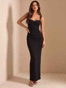 SHEIN BAE Spring/Summer Black Double Strap 2 In 1 Lace Trim Ribbed Fitted Bodycon Maxi Dress, Sexy Hot Girl Style For Dating And Daily Wear - Black - View 6