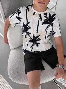 SHEIN 2件組兒童青少年男孩休閒日常百搭舒適黑色印花圓領寬鬆套頭短袖T恤短褲針織套裝，適合春夏，適合戶外玩耍、上學、街頭風、派對及居家休閒短褲上衣夏季上衣夏季套裝 - 黑色 - 查看 4