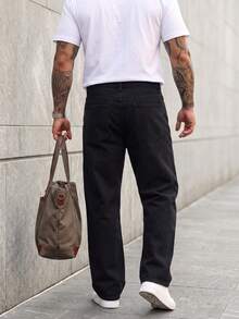 KRYTIVO Plus Size Men's Casual Everyday Solid Color Slant Pocket Jeans, Autumn Men Wide Leg Pants - Black - View 2