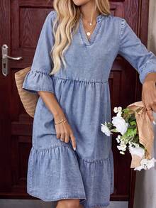 Brillora Women's Casual Boho Denim Vacation Dress Autumn Outfits Country Modest Brunch Light Blue - Medium Wash - View 4