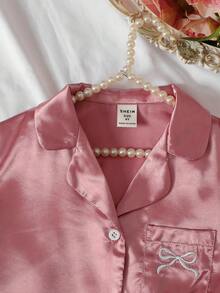 SHEIN 女童休閒日常舒適印花翻領居家服套裝，緞面布料 - 粉色 - 查看 5