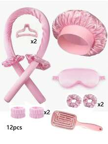 10/7/12/48/50pcs Sleep Hair Styling Tools Set, Curler 1pc Silk Pillowcase For Hair And Skin Queen Set, Silk Heatless Curling Set, Overnight Curling Iron, 1pc Sleep Soft Eye Mask, 1pc Sleep Silk Nightcap, Sleep Essential Set - Pink - View 15