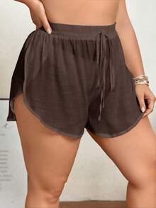 SHEIN Swim Curve Plus Size Solid Color Wrap Tie Knot Short Sheer Shorts Coverup - Brown - View 5