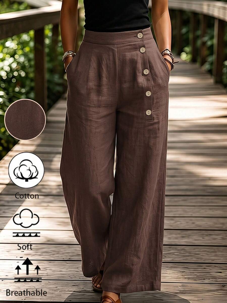 Zayélia Women's Side Button Pocket Wide Leg Loose Casual Long Pants - Chocolate Brown - View 1