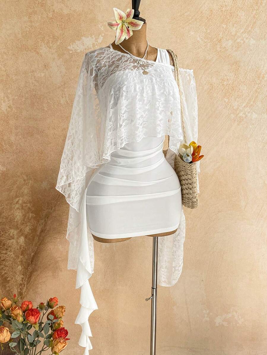 Soleia 女款不對稱單肩百褶緞帶洋裝與蕾絲不對稱下擺上衣 2 件套 - 白色 - 查看 1