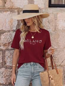 EMERY ROSE 女款 MILANO ITALY 字母印花 T 恤短袖休闲上衣 MILAN ITALY 图案 T 恤女款上衣 - 酒紅色 - 查看 3