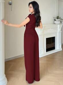 Modelyn 新款纽扣装饰3D花朵背心和通勤优雅阔腿裤套装 - 酒紅色 - 查看 6