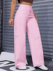 SHEIN ICON 女款休閒牛仔長褲，附口袋與鈕扣，適合日常穿著 - 淺粉色 - 查看 5