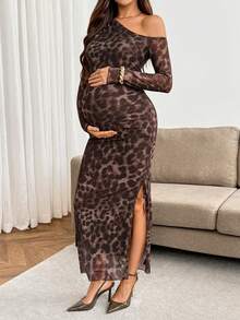 SHEIN Maternity Fashion Sexy Leopard Print Asymmetric Neck Side Slit Dress Winter - Brown - View 3