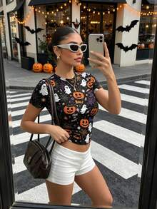 Aidyla Women's Pumpkin Ghost Spider Web Candy Pattern Print Black Fashion Round Neck Short Sleeve Slim Fit Cropped T-Shirt Halloween Top Summer Night Out - Multicolor - View 4