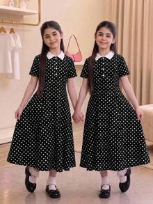 SHEIN 少女休閒復古通勤時尚 Polo 領撞色翻領短袖長洋裝 返校季童裝 - 黑與白 - 查看 9