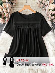 SHEIN CURVE+ 大尺碼提花鏤空蕾絲飾邊瑞士波點襯衫，休閒度假風 - 黑色 - 查看 1