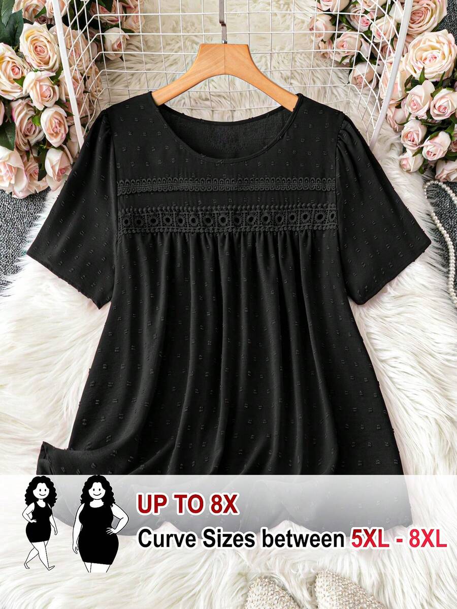 SHEIN CURVE+ 大尺碼提花鏤空蕾絲飾邊瑞士波點襯衫,休閒度假風 - 黑色 - 查看 1