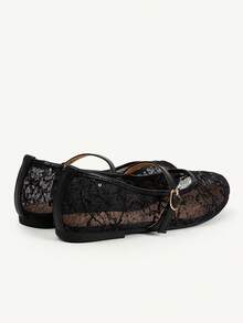 CUCCOO CHICEST 女款夏季蕾絲網眼瑪麗珍鞋，透氣扣帶平底鞋，日常通勤約會溫柔鞋 - 黑色AA - 查看 5