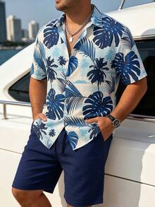 Genlund Men's Short-Sleeve Shirt Set With Tropical Hawaiian Print – Ideal For Beach Vacation - Blue - View 3