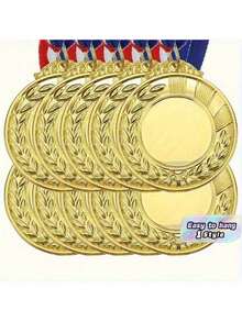 10PCS Customizable Gold Blank Medals With Blue And Red Ribbons - Personalized Winner Awards For Sports, Outdoor Activities, Sports Trophies, Elegant Design, Durable Metal, Sports Award Set, Outdoor Event Decor, Classic Medal Design, Polished Surface - gold - View 1