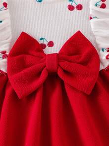SHEIN Playful Pals Newborn Girls Knitted Ribbed White Ruffle Lace Large Trim Patchwork Waist-Cinched Textured Fabric Dress, Sweet Cute Casual Spring Dress For Kids - Red - View 4