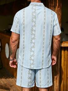 Manfinity Homme Men's Floral Print Short Sleeve Shirt And Drawstring Waist Shorts Set - Baby Blue - View 2