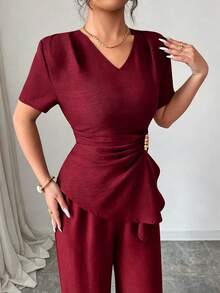 Selianne Women's V-Neck Waist-Cinching Asymmetrical Hem Metal Buckle Short Sleeve Top Straight Leg Pants 2 Pieces Set Summer Elegant Dinner Office Burgundy - Red - View 4