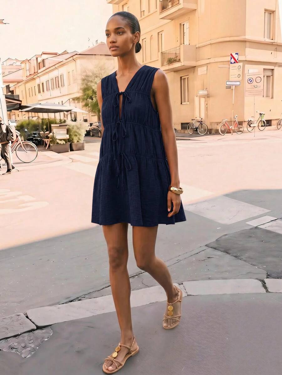 Maija Women's Summer Casual Solid Color Tie-Waist Short Dress - Navy Blue - View 1