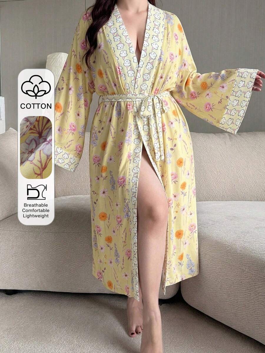 Dazy Plus 花卉印花快樂小狗圖案拼接撞色寬鬆大尺碼女款春夏睡裙 - 黃色 - 查看 1