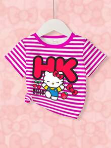 HELLO KITTY AND FRIENDS | SHEIN Cartoon & Striped Print Round Neck Casual Short Sleeve T-Shirt For Young Girls - White - View 3