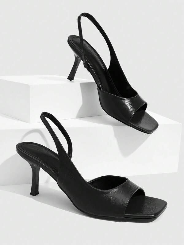 CUCCOO SZL Women's Black Slingback Heeled Sandals With Square Toe, Perfect For Evening Wear