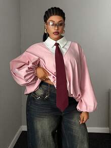 Mawevolt Plus Size Long Sleeve Preppy Sweet Elegant Commute Office Shopping Blouse - Pink - View 5