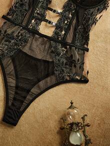 PinupPomp 1pc Women's Sexy Lingerie Floral Embroidery Mesh Jumpsuit - Black - View 4