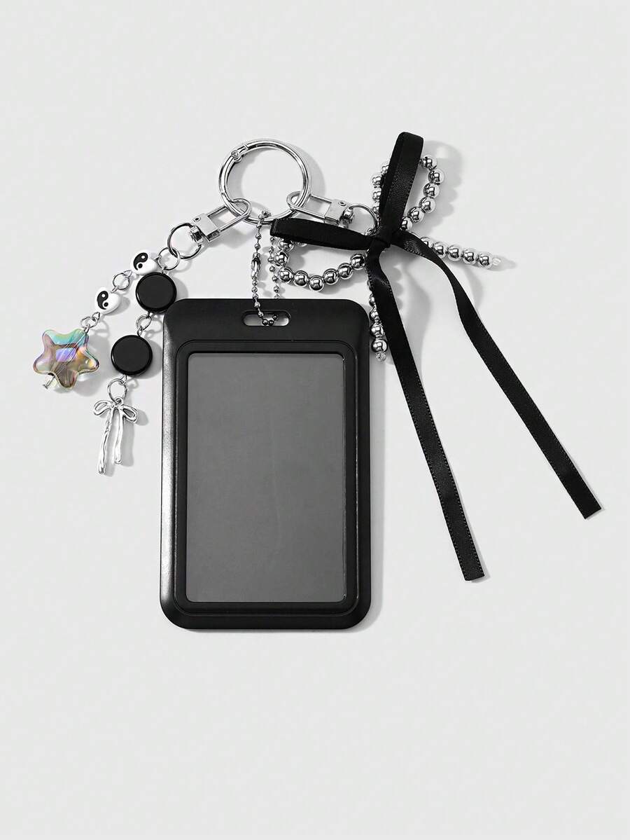 ROMWE Kawaii 1 Classic Retro Sweet And Cool Black CCB Bow Colorful Star Card Cover Star Card DIY Keychain Bag Pendant, Suitable For Daily Wear By Office Workers - Black-3 - View 1