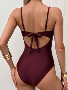 SHEIN Swim 女款夏季度假黑色網格拼接優雅修身連身泳衣海灘裝 - 酒紅色 - 查看 2