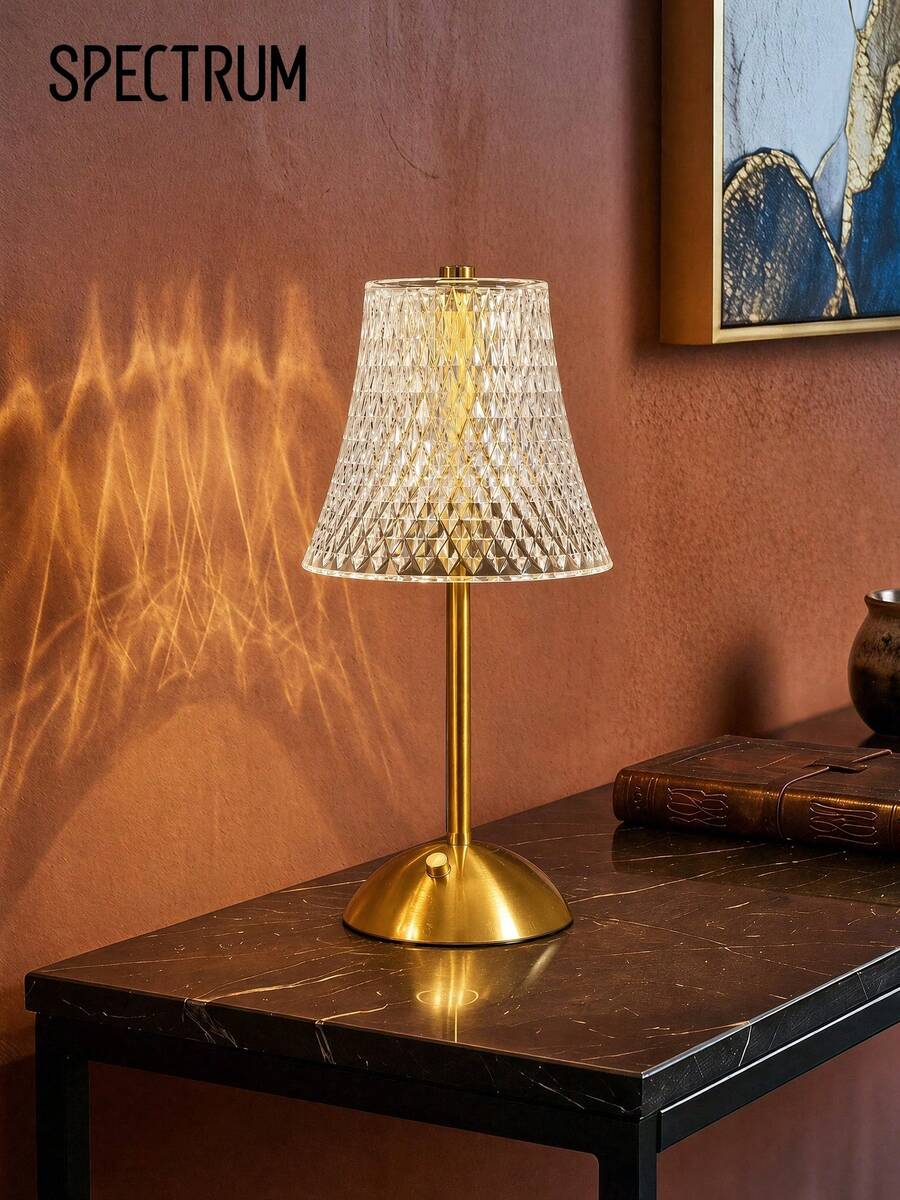 Table Lamp With Diamond Cut Crystal Glass Shade, Dimmable Warm LED Bedside Lamp, Minimalist Gold Metal Decorative Desk Lamp For Bedroom Living Room Home Decor - one-size - View 1