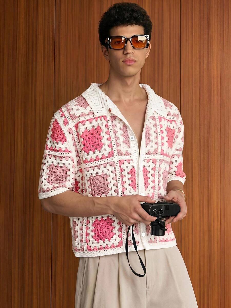 SWAVVY Men's Casual Short Sleeve Knit Top For Vacation - Pink - View 1