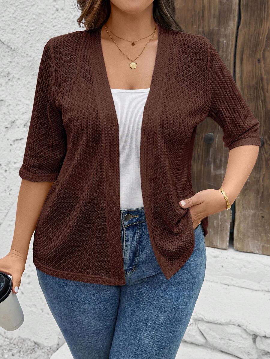 SHEIN LUNE Textured Fabric Open Front 3/4 Sleeve Fitted Flattering Plus Size Jacket - Brown - View 1